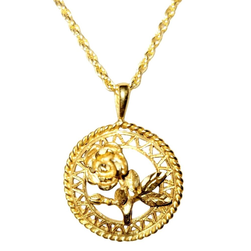 Delicate Vintage Framed Rose Pendant Necklace and Cable Chain 18" Long